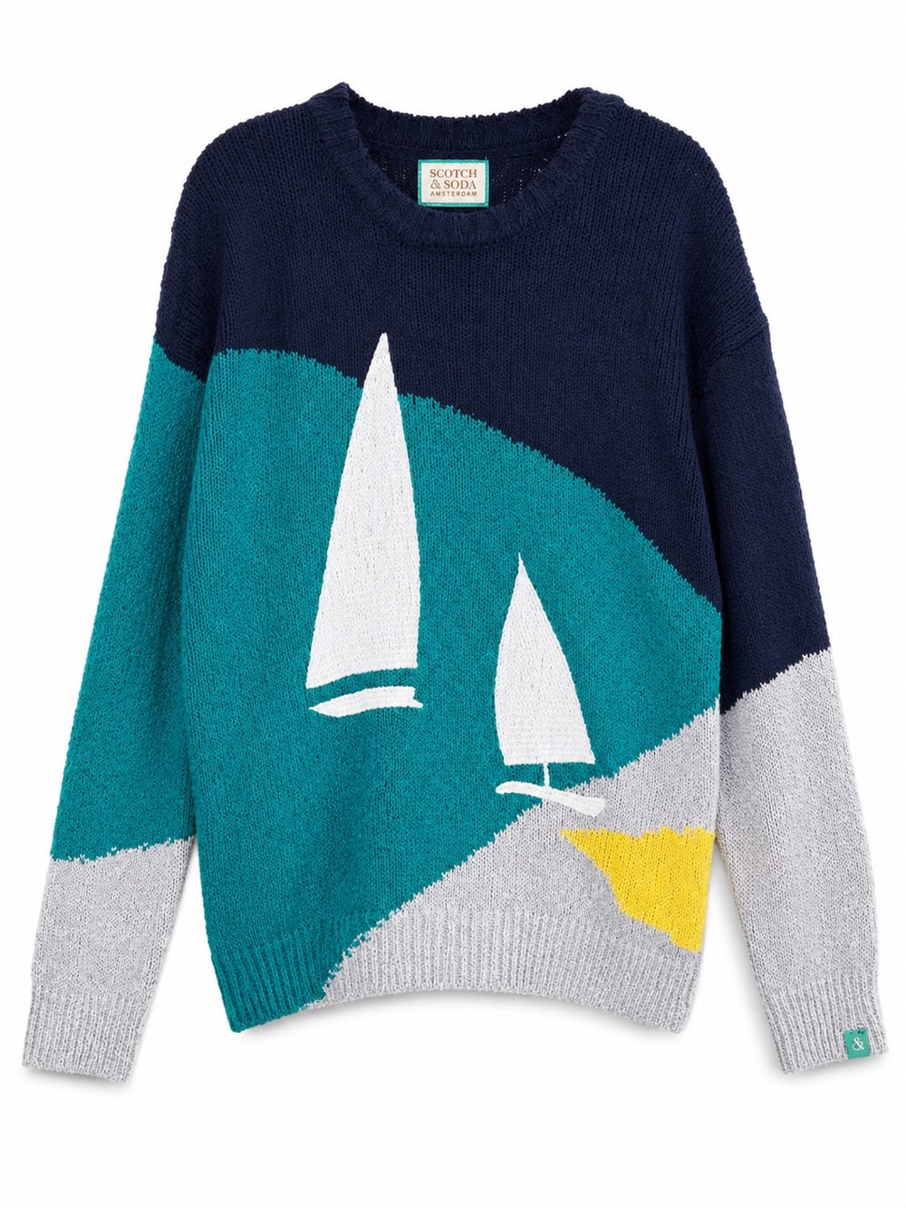 Scotch & Soda Sailboat Intarsia Knit Sweater Mens Large Colorblock Blue Teal